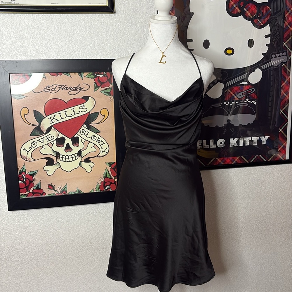 Blanc Clothing Black Satin Cowl Neck Mini Flowy Dress Dressy Formal